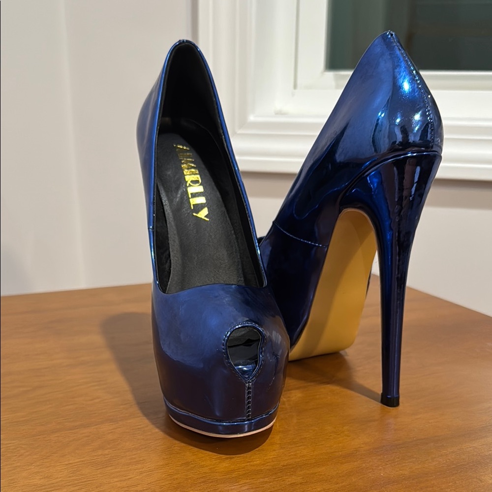 13cm Blue Platform Peep-Toe Heels - Picture 2 of 3